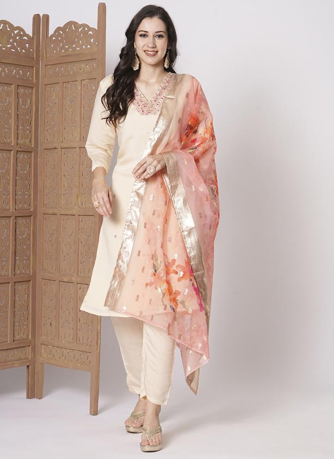 Pv Chanderi Peach Festival Wear Printed Readymade Kurti Set